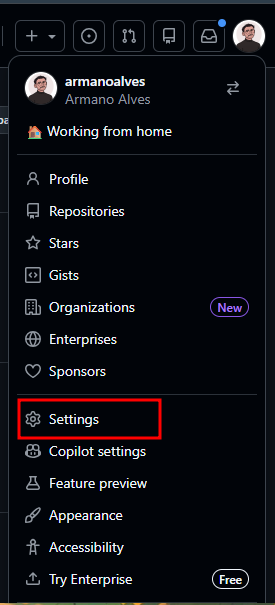 Captura de tela do GitHub, aba que aparece ao clicar no ícone do usuário e destaque na opção de settings.