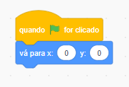 A imagem retrata um bloco da cor laranja chamado “Quando bandeira verde for clicado” que abrange outro bloco chamado “Vá para X :0 Y: 0