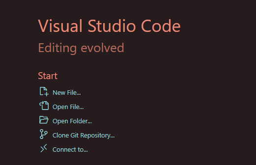 Print da tela inicial do Visual Studio Code, contendo algumas opções, e a terceira opção "Open folder" 