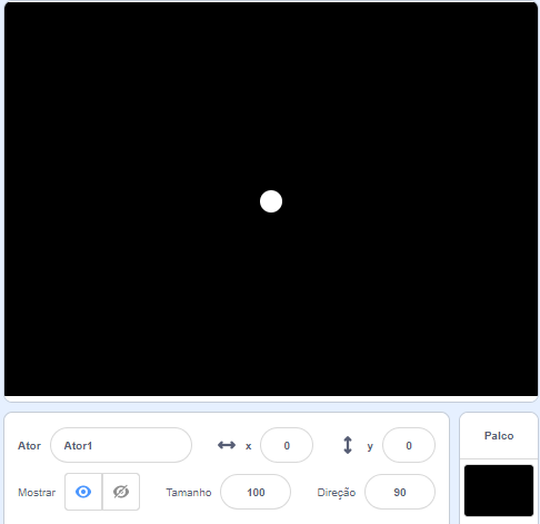 A imagem mostra uma captura de tela da ferramenta Scratch, nela possui uma tela preta com uma bolinha branca centralizada e abaixo temos lacunas com valores, sendo elas “Ator nomeada Ator1”  “X = 0”e  “Y = 0