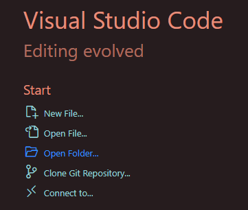 Print de tela do Vs Code, a opção Open Folder está selecionada