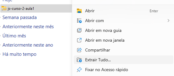 Primt de tela mostrando uma pasta zipada, e vários opções ao lado, a opção extrair tudo está selecionada.