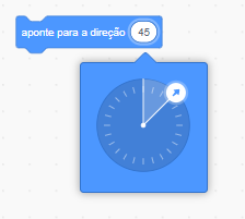 Print de tela de computador em recorte, com uma aba de código azul claro na parte superior esquerda, escrito em seu interior o comando: “aponte para a direção”, e ao lado uma caixa pequena de fundo branco e oval com o número 45 em preto no centro, e um quadrado azul claro saindo inferiormente da caixa com uma espécie de relógio azul escuro no centro, com uma seta apontando na direção nordeste.