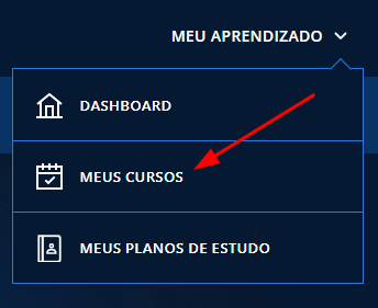 Print da tela de um computador, em recorte, com fundo azul escuro, no canto superior direito escrito em branco as palavras: "meu aprendizado",  com uma seta de maior/menor apontando para baixo, e abaixo disso uma aba dividida em três partes, contornadas com um contorno em azul claro e um fundo azul escuro, na primeira aba na parte esquerda possui um ícone de casa em branco, e ao lado está escrito em branco também: "dashboard", na segunda aba em branco na parte esquerda um ícone de calendário, e ao lado as palavras: "meus cursos", com uma seta vermelha desenhada na tela apontando para essa aba, e na terceira aba em branco também na parte esquerda um ícone de caderno, e ao lado as palavras: "meus planos de estudo"