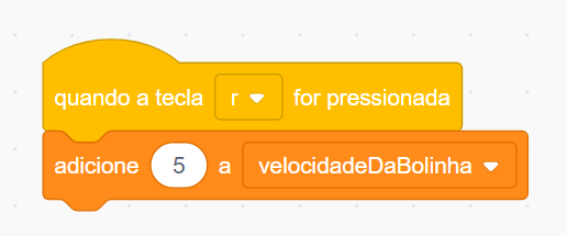 Captura de tela do Scratch. Plano de fundo branco com um bloco de códigos coloridos ao centro, com os seguintes comandos, seguindo a ordem de cima para baixo: quando a tecla r for pressionada, adicione 5 a velocidadeDaBolinha