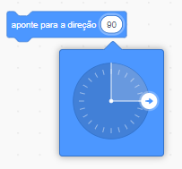 Print de tela de computador em recorte, com uma aba de código azul claro na parte superior esquerda, escrito em seu interior o comando: “aponte para a direção”, e ao lado uma caixa pequena de fundo branco e oval com o número 90 em preto no centro, e um quadrado azul claro saindo inferiormente da caixa com uma espécie de relógio azul escuro no centro, com uma seta apontando na direção leste.