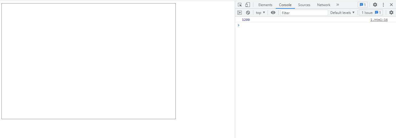 Print da tela do navegador de um computador, mostrando um site em branco, com uma canvas/tela desenhado e contornado com a cor preta, e do lado da tela do site está aberto o console do site, mostrando o resultado 1200