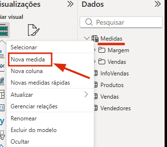 Captura de tela do Power BI Desktop mostrando o painel **Dados** com a tabela **Medidas** selecionada. Um menu de contexto está aberto, e a opção **Nova medida** aparece destacada por um retângulo vermelho, com uma seta vermelha apontando para ela.