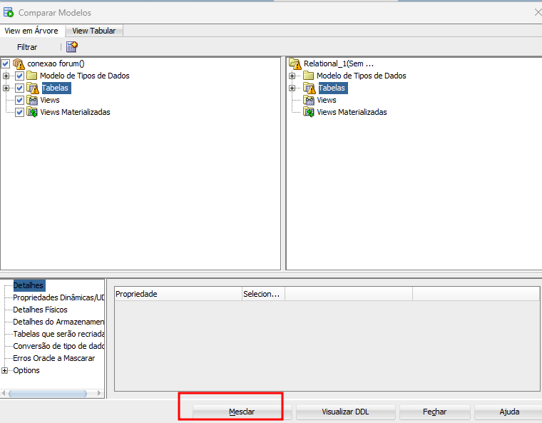 Imagem da interface 'Comparar Modelos' exibindo a comparação entre dois modelos de banco de dados. No lado esquerdo, há a conexão 'conexao forum()' com opções como 'Modelo de Tipos de Dados', 'Tabelas', 'Views' e 'Views Materializadas', sendo algumas marcadas. No lado direito, há o modelo 'Relational_1' com estrutura similar. Abaixo, há uma seção de detalhes com diferentes propriedades. O botão 'Mesclar' está destacado com um retângulo vermelho, mas encontra-se desativado."