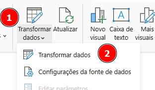  Interface do Power BI com a aba "Transformar dados" sendo selecionada,com numeral 1. Há um menu suspenso com a opção Transformar Dados, com numeral 2