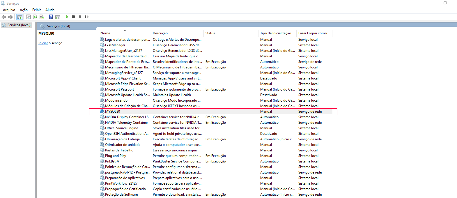 Captura de tela da aba Serviços no Windows. Destaque na opção MySQL80 em vermelho