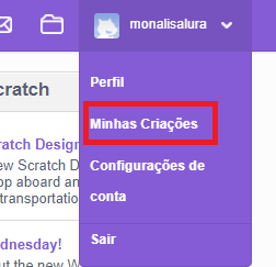 Captura de tela do perfil scratch. Está destacado em vermelho a opção Minhas Criações