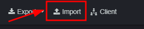 Captura de tela mostrando um botão 'Import' destacado com um retângulo vermelho e uma seta apontando para ele, ao lado dos botões 'Export' e 'Client