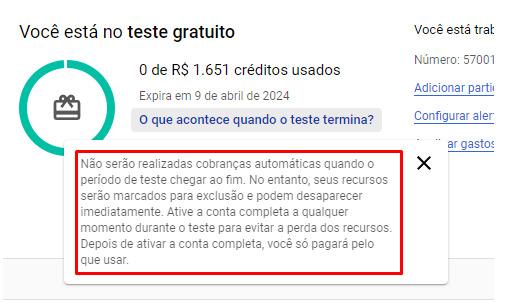 Tela com os dados relacionados com o teste gratuito mostrando os créditos em reais e a data de expiração do teste.