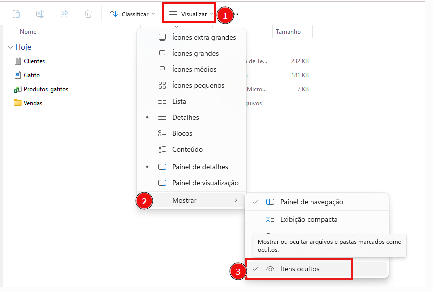 Captura de ecrã da interface do Explorador de Ficheiros do Windows a demonstrar como exibir itens ocultos. O menu superior tem a opção "Visualizar" destacada com um retângulo vermelho e marcada com o número 1. Ao clicar, abre-se um menu onde a opção "Mostrar" está destacada com o número 2, expandindo um submenu à direita. Neste submenu, a opção "Itens ocultos" aparece selecionada e destacada com um retângulo vermelho, assinalada com o número 3.