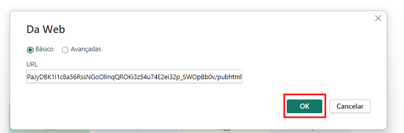 Janela de configuração intitulada "Da Web", com as opções "Básico" e "Avançadas", onde "Básico" está selecionado. Um campo de texto exibe uma URL preenchida. Na parte inferior da janela, há dois botões: "OK", destacado em verde com borda vermelha, e "Cancelar