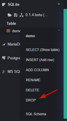 Exemplo de como excluir a tabela demo no sqliteonline