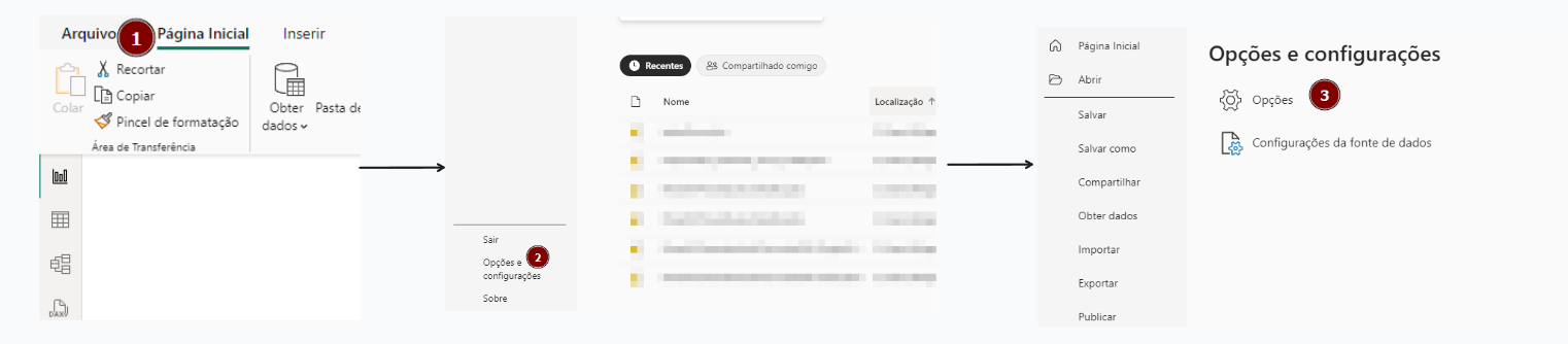 Imagem mostrando um diagrama de fluxo clicando em arquivo, depois opções e configurações e por fim opções