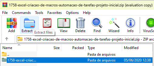 Captura de tela do WinRar. Nela há um menu superior com opção filem Commands, Tools, Favorite, Options e Help. Abaixo há vários ícones indicando ações, o segundo ícone que tem um símbolo de pasta e com a legenda extracto está selecionado. Abaixo também há um campo onde o nome do arquivo correspondente está selecionado