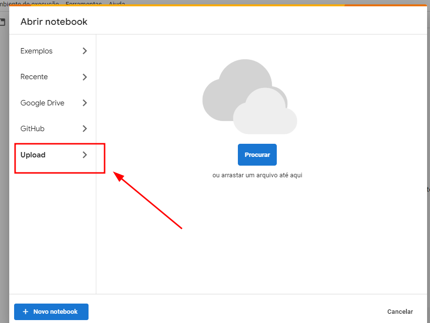 captura de tela da janela Abrir notebook do Google Colab