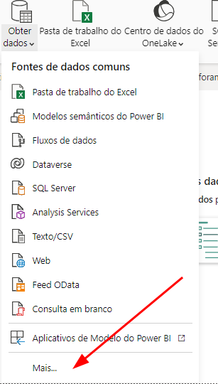 captura de tela do botão obter dados. Há um menu suspenso com diversas opções de formato.