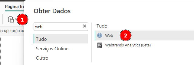 A imagem exibe a interface do Power BI na seção "Obter Dados". O usuário digitou "web" na barra de pesquisa para filtrar as opções disponíveis. No lado esquerdo, a opção "Tudo" está selecionada, exibindo os resultados correspondentes no lado direito. Os números em vermelho destacam dois elementos: (1) o botão "Obter Dados" no canto superior esquerdo da tela e (2) a opção "Web", que permite importar dados a partir de uma URL.
