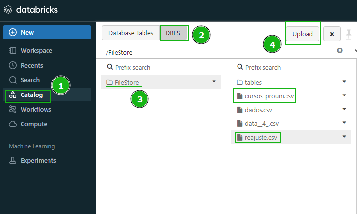 A imagem mostra a interface do Databricks na tela de upload de arquivos CSV. No menu lateral, a seção "Catalog" está selecionada, e no menu superior, a opção "DBFS" está ativa. No centro, a estrutura de diretórios "FileStore" exibe a pasta "tables" com os arquivos "cursos_prouni.csv" e "reajuste.csv". No canto superior direito, o botão "Upload" permite enviar novos arquivos.