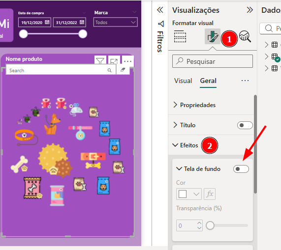 Interface do Power BI com um visual selecionado à esquerda, exibindo vários ícones de produtos sobre um fundo roxo. À direita, o painel Visualizações está aberto na aba Formatar visual. O ícone de pincel está destacado com o número 1. A seção Efeitos está expandida e marcada com o número 2. Uma seta vermelha aponta para o botão que desativa a opção Tela de fundo.