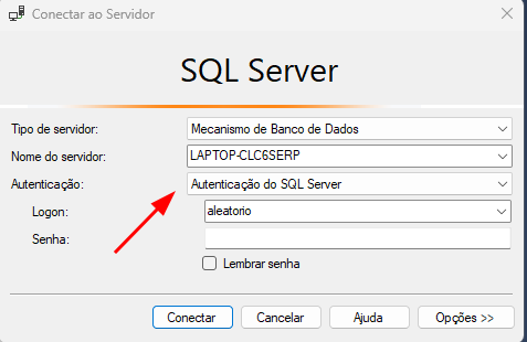 captura de tela da janela conectar ao servidor campo Autenticação está selecionado a opção Autenticação do SQL Server