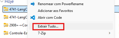 Menu de contexto do Windows ao clicar com o botão direito em um arquivo compactado, com a opção “Extrair Tudo...” destacada indicando o processo de descompactação do arquivo.