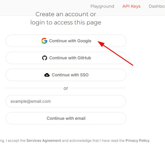 Tela de login mostrando as opções de autenticação: Continue with Google (destacado por uma seta vermelha), Continue with GitHub, Continue with SSO e a alternativa de inserir o e-mail manualmente com o botão Continue with email.