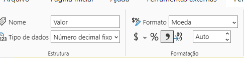 Tela do Power BI mostrando a parte de formatação com a moeda em BRL