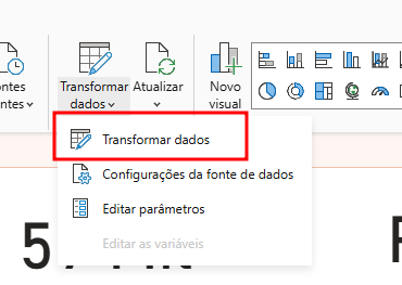 Menu do Power BI aberto a partir do botão “Transformar dados”. O menu suspenso mostra as opções: Transformar dados (destacada em vermelho), Configurações da fonte de dados, Editar parâmetros e Editar as variáveis.