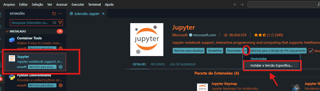 Captura de tela mostrando a seta ao lado do botão "Desinstalar" na extensão Jupyter, destacando a opção "Instalar outra versão específica"