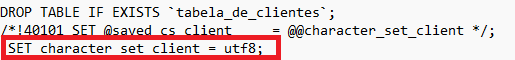 Captura de tela do arquivo.Nela há um DROPLE TABLE IF EXISTS `tabela_de_vendedores`. Está destacado em vermelho a, linha SET character_set_client = utf8 