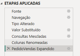 captura de tela do power query. Há um campo de etapas aplicadas. Fonte, Navegação, tipo alterado, Valor Substituído, Consultas Renomeadas, Pedido Vendas Expandiso