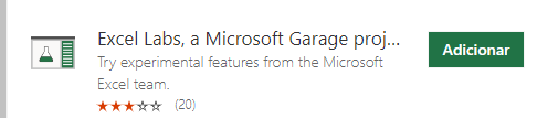 Captura de tela da aba "Suplementos do Office" Nela mostra o Excel Labs, a Microsoft Garage