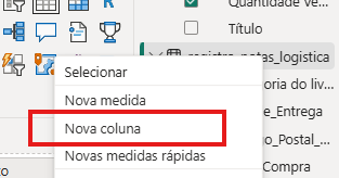 Interface do Power BI. O menu mostra as opções "Selecionar", "Nova medida", "Nova coluna" e "Novas medidas rápidas", com a opção "Nova coluna" destacada por um retângulo vermelho.