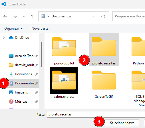 capturta de tela do explorador de arquivos. Ele está em Meus Documentos, simbolizado pelo numero 1 e está selecionada a pasta projeto receita, simbolizado pelo numero 2 e por fim numero 3 está em selecionar pasta