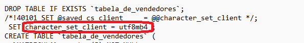 Captura de tela do arquivo.Nela há um DROPLE TABLE IF EXISTS `tabela_de_vendedores`. Está destacado em vermelho a, linha SET character_set_client = utf8mb4 