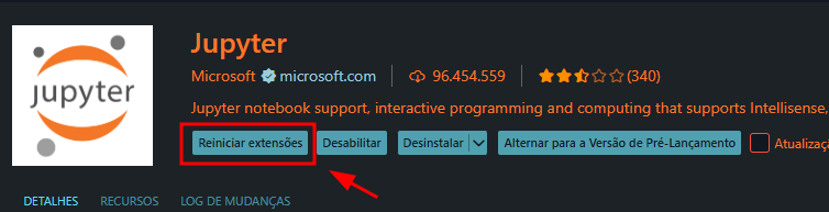 Captura de tela do Visual Studio Code mostrando a página da extensão Jupyter. O botão “Reiniciar extensões” está destacado com um retângulo vermelho e uma seta apontando para ele