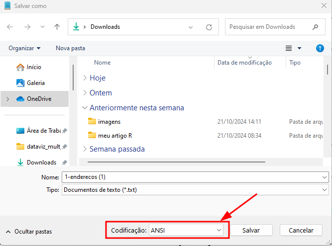 captura de tela da aba salvar arquivos. Em codificação está destacado o ANSI