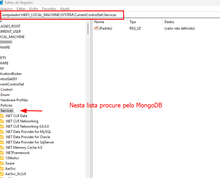 Imagem do Editor de Registro do Windows exibindo o caminho 'HKEY_LOCAL_MACHINE\SYSTEM\CurrentControlSet\Services'. No painel esquerdo, há uma lista de serviços, incluindo '.NET CLR Data', '.NET Data Provider for MySQL' e outros. Um texto em vermelho com uma seta aponta para 'Services', instruindo: 'Nesta lista procure pelo MongoDB'