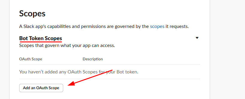 Tela de configuração de Scopes no Slack, seção Bot Token Scopes, com mensagem dizendo que nenhum escopo foi adicionado e o botão Add an OAuth Scope destacado por uma seta vermelha.