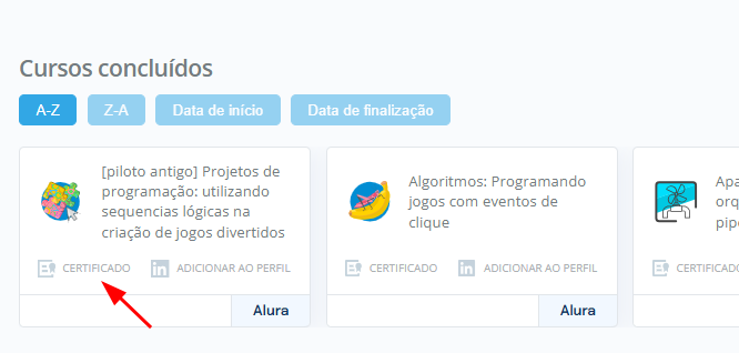 Exemplo da lista de cursos concluídos com botão de certificado visível