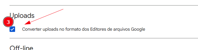 Captura de tela da seção “Uploads” nas configurações do Google Drive. À esquerda, há uma caixa de seleção azul marcada, indicada pelo número vermelho “3” e por uma seta vermelha. Ao lado, aparece a opção “Converter uploads no formato dos Editores de arquivos Google”. Abaixo, é possível ver o início da seção “Off-line”.