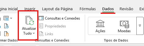 Captura de tela da barra de ferramentas do Microsoft Excel (guia Dados), com destaque em um quadrado vermelho para o botão "Atualizar Tudo". O botão possui um ícone de duas folhas de papel com uma seta verde circular de atualização. Ao lado, estão visíveis as opções "Consultas e Conexões" e o grupo "Tipos de Dados" com os botões "Ações" e "Moedas".