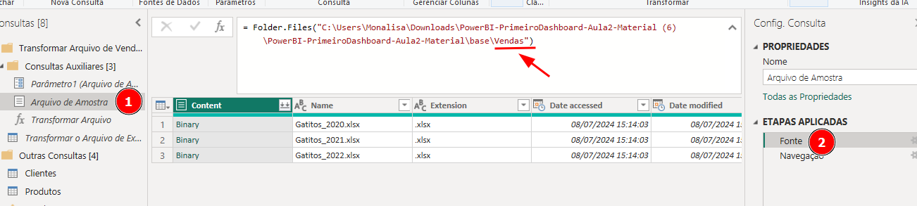 captura power query há um numero 1 na opção arquivo de amostra no menu esquerdo. E numero 2, em fonte, no menu lateral direito em fontes aplicadas. Há também uma seta apontando parao caminho de vendas no folder.files