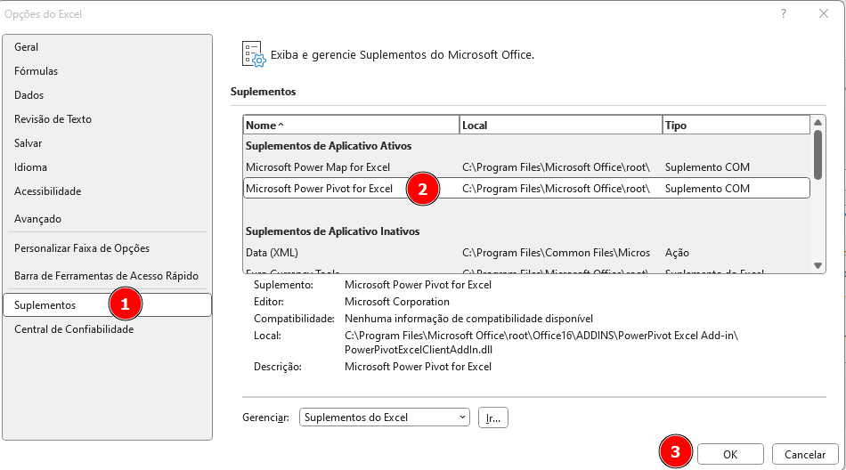 "Janela de opções do Excel mostrando a configuração de suplementos. No lado esquerdo, o menu de navegação com várias opções, sendo 'Suplementos' selecionado com o numeral 1. À direita, uma seção central lista os suplementos disponíveis, com destaque para 'Microsoft Power Pivot for Excel' na seção 'Suplementos de Aplicativo Ativos', com o numeral 2 ao lado. Na parte inferior, há uma descrição detalhada do suplemento selecionado, incluindo o editor, local do arquivo e descrição. No canto inferior direito, os botões 'OK' e 'Cancelar' são exibidos para confirmar ou cancelar as alterações.Há o numeral 3 ao lado de ok"