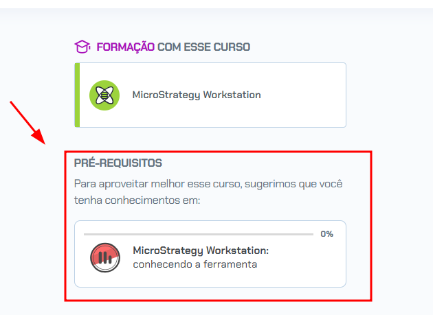 A imagem mostra um trecho da página inicial de um curso na plataforma Alura. Dentro de um retângulo vermelho com o título “PRÉ-REQUISITOS”, aparece o texto: “Para aproveitar melhor esse curso, sugerimos que você tenha conhecimentos em:”. Logo abaixo, há um cartão indicando o curso “MicroStrategy Workstation: conhecendo a ferramenta”, À esquerda, uma seta vermelha aponta para essa seção.